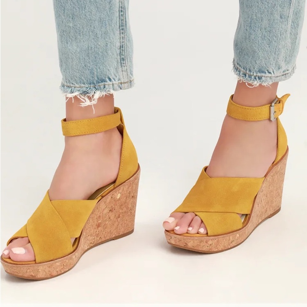 Dolce Vita Urbane Suede Mustard Yellow Wedge Sandals with Ankle Strap